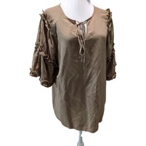 Bibi Women's Beige minimalist Ruffle Top Shirt Tunic Blouse Boho Size Large EUC